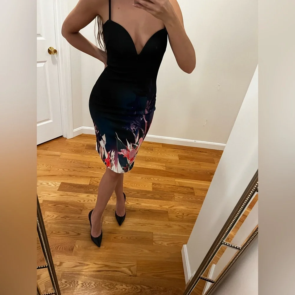 Bebe Black Floral Bodycon Dress | Deep V Neck Scuba Midi | Fitted - Picture 4 of 10